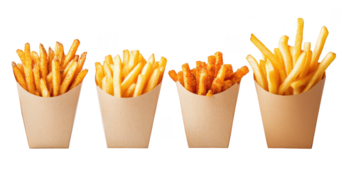 Four servings of fries in paper cones on transparent png background