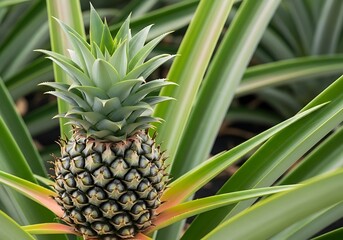 Obraz premium Close-Up of a Ripe Pineapple Growing on the Plant – Tropical Foliage in Natural Setting