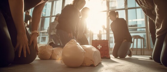 The group practicing CPR techniques during a lifesaving training session.