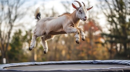 Goat joyfully leaps on a trampoline in a garden surrounded by trees during a sunny afternoon