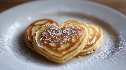 Family breakfast features heart-shaped pancakes dusted with powdered sugar for a delightful morning treat