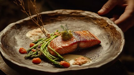 Grilled salmon steak with asparagus served on a rustic plate during an evening meal