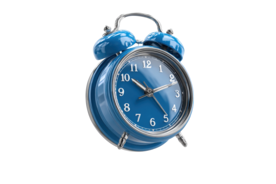 Isolated blue alarm clock flying over white background