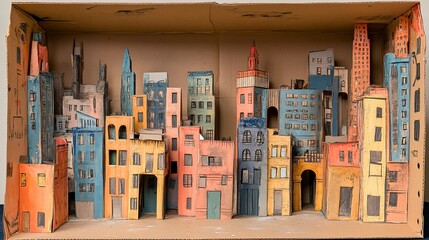 Cardboard box transformed into vibrant cityscape art installation in a creative setting