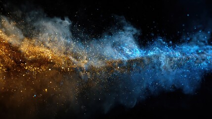 Fototapeta premium Luminous Shimmer Silver: Cascading Fluid Splash of Golden and Blue Dust Particles on a Dark Abstract Canvas