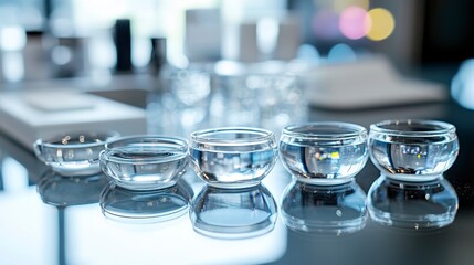 Contact lens fitting tools displayed on a counter in an optical clinic during daylight hours