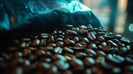Close-up view of roasted coffee beans spilling from a bag on a wooden table in a cozy kitchen setting
