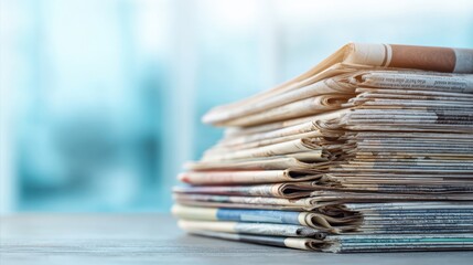 The stack of vintage newspapers neatly arranged on a wooden surface
