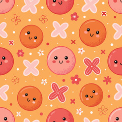 Cute Kawaii Pattern: Orange Circles and Flowers Seamless Design