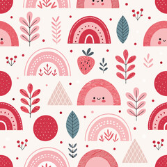 Pink Rainbow & Strawberry Seamless Pattern: Cute, Boho-Style Textile Design for Fabrics, Papers, and More