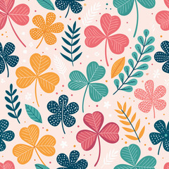 Vibrant Clover & Leaf Pattern: Seamless Floral Design for Textile & Wallpaper