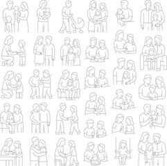 Fototapeta premium Family and parenting line icon set. Vector pictograms of couples, single parents, children, elderly, baby, newborn, teenager thin linear illustration. Vector EPS 10