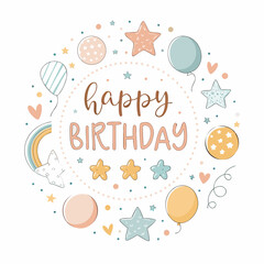 Happy Birthday Celebration: Pastel Balloons, Stars & Hearts Design