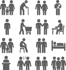 Fototapeta premium Family, relationship icon vector set. Vector glyph pictograms of couple, parent, child, elderly people, pregnancy, parenting, community, single mother, social care black silhouette illustration. 