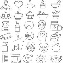 Mental Health, Wellness line icon vector set. Vector pictograms of well-being, group therapy, self-care, personal growth, support group, positive thinking, meditation thin linear illustration.