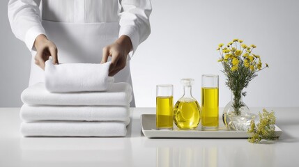 A person folding towels, next to a tray with oils and flowers