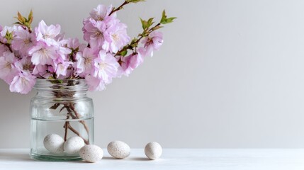 Delicate pink blossoms in a glass jar, with eggs