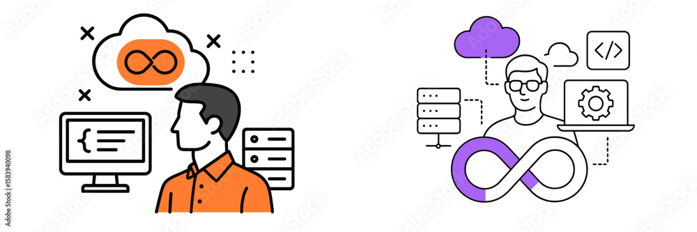 Poster illustration of a person engaging with cloud computing and programming in a tech-focused environment