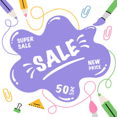 Colorful vector sale illustration with school supplies and bold purple splash shape. Includes “SALE,” “50% off,” “super sale,” and “new price” text. Fun back-to-school promo design in flat style.EPS10