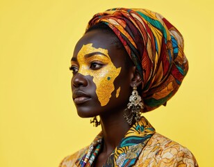 Young beautiful African woman in profile against yellow background. She wears colorful headscarf with blue, red patterns, earrings for elegant look. Face turned slightly to side, expression visible.