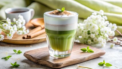 Layered Matcha Latte with Cinnamon and Mint on Wooden Board