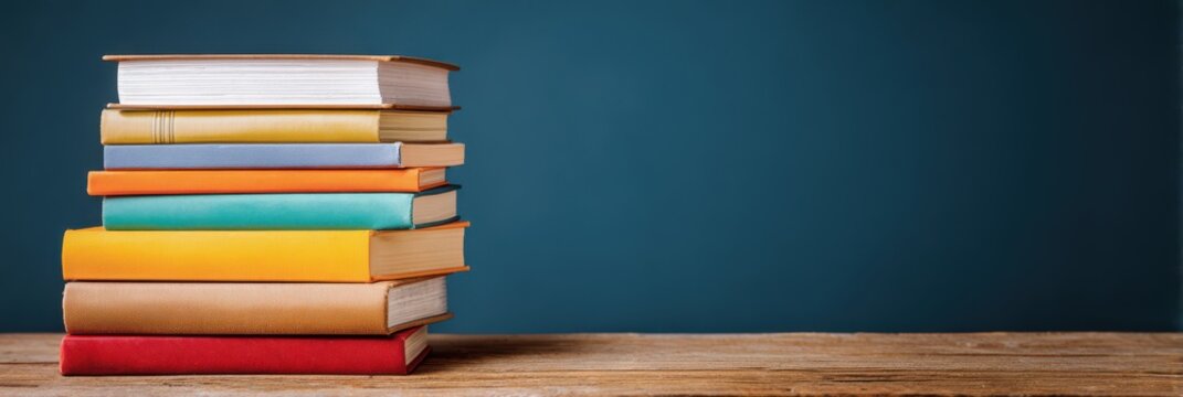 Pile of colorful books on a wooden table against a dark blue background, with copy space