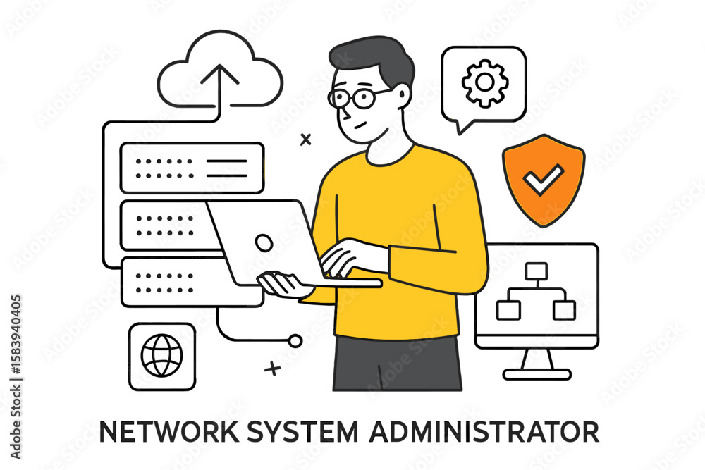 Poster network system administrator performing tasks on a laptop while managing network configurations and 