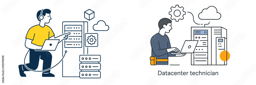Aufkleber two datacenter technicians performing tasks with servers and cloud technology at a modern data facil
