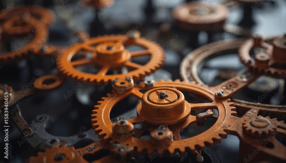Poster close-up of interconnected orange gears with white accents against gray background. gears appear in 