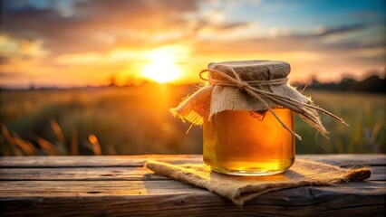 Golden Honey Jar on Rustic Wood with Sunset Background