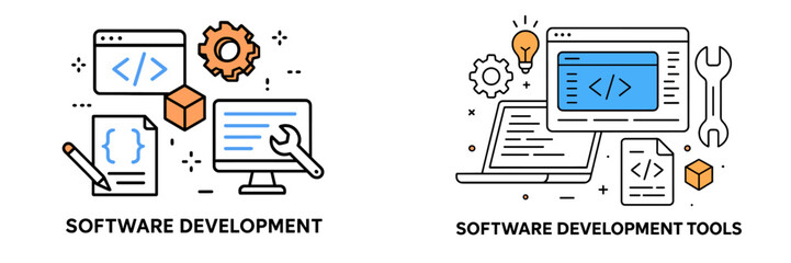 Various tools and elements representing software development practices and processes for creating applications and systems