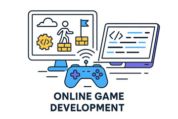 Online game development process showcasing coding and design concepts with a gaming controller and computer screens
