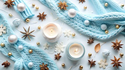 Cozy Winter Still Life with Knitted Scarf Candles and Festive Ornaments