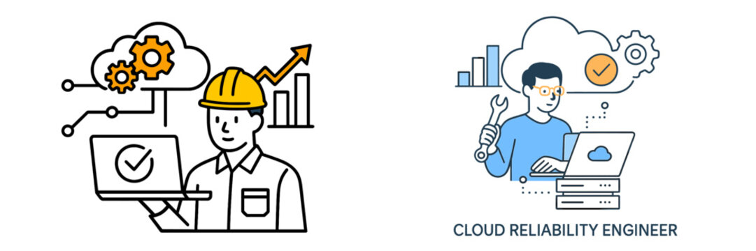 Cloud reliability engineer working on laptop with data metrics and server in tech illustration