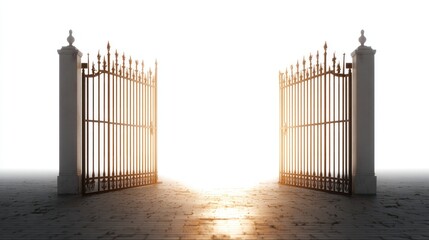 Open wrought iron gates leading to a bright light
