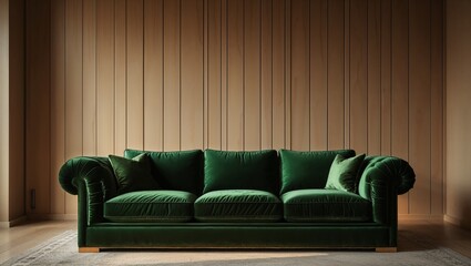 a serene and inviting bohemian living room with a plush, dark forest green silk couch, its velvet texture glistening softly,