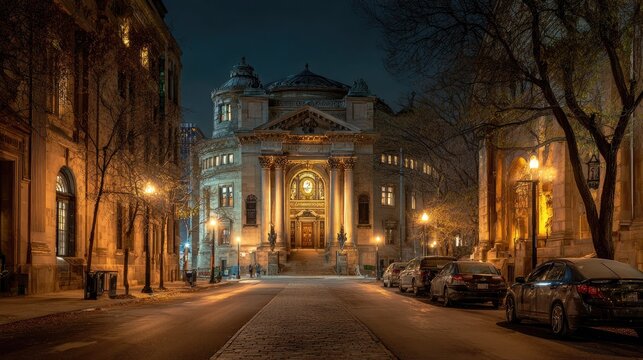 Night view of a historic building