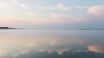 Naklejka premium Misty Sunrise Lake: Ethereal Stillness with Color 