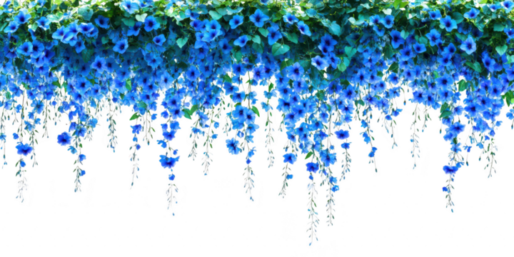 Cascading blue flowers and vines on transparent png background