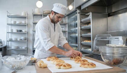 Baker in white chef jacket crafts golden-brown croissant with flaky exterior in modern bakery. Counter with oven, bread, dough. Pastries in display case. Baker in pro uniform. Commercial kitchen
