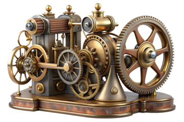 Detailed steampunk machine with intricate gears and brass accents on a black background display piece on transparent background