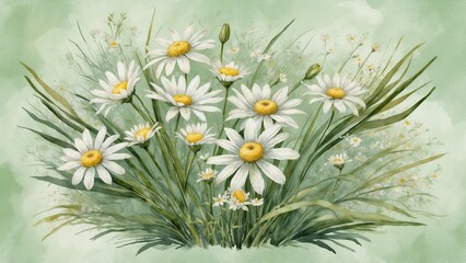 Fototapeta premium White daisies with green grass on soft pastel background 