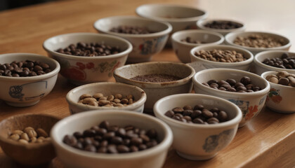 Close-up of white ceramic bowls with various types of beans, nuts, coffee on wooden table. Blurred kitchen background suggests food tasting gathering. Organization, structure imply sensory experience.