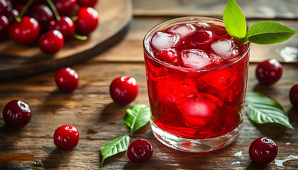 Juicy fresh cherry beverage with an abundance of ripe cherries on rustic wood surface