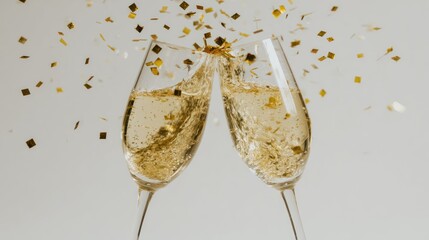 Two champagne flutes clinking, golden confetti showering