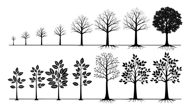 A grid layout showing black silhouette trees at different life stages&mdash;from saplings to full-grown trees&mdash;drawn with uniform line weight. The design uses simple shapes and consistent spacing on a pure w