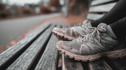 Close-up of gray athletic shoes resting on a park bench