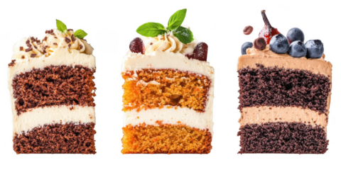 Three cake slices with toppings on transparent png background