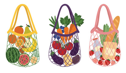 Colorful reusable shopping bags filled with fresh fruits and vegetables illustration