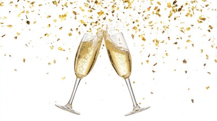 Sparkling champagne flutes with golden confetti
